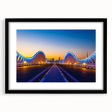 Abstract art print of Dubai skyline in vibrant, colorful hues on a large, textured canvas, ideal for living room decor.