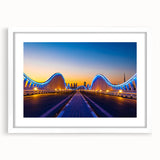 Abstract art print of Dubai skyline in muted gray and blue tones on framed white mat, ideal for dining room decor.