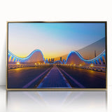 Acrylic print of Dubai skyline in gold and blue tones, framed, ideal for modern art wall decor.