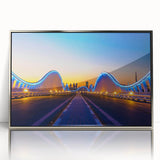 Mid-century modernist art depicting the Dubai skyline in silver tones on a framed acrylic print.