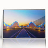 Acrylic print of the Dubai skyline in muted gray and white tones, framed in white, suitable for modern art wall decor.