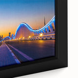 Extra large framed canvas featuring a textured black skyline of Dubai with colorful accents, ideal for living room decor.