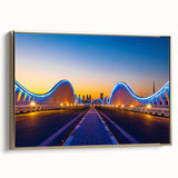 Framed canvas of Dubai skyline in gold and black tones, suitable as wall art for bedroom.
