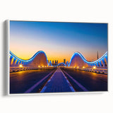 Vintage poster art of Dubai skyline in vibrant colors on a large framed canvas, ideal for living room decor.