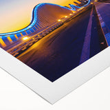 Art deco poster of Dubai skyline in muted gold and blue tones on rolled canvas, suitable for dining room wall art.