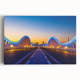 Black and white stretched canvas depicting the Dubai skyline, suited for kitchen wall art.
