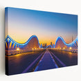 Panoramic view of Dubai skyline in muted earth tones on a large stretched canvas, suitable for kitchen wall art.