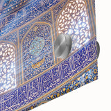 Mid-century modernist large abstract art print of a Middle Eastern scenery, in earthy and blue tones on acrylic glass.