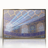 Mid-century modernist acrylic print of a Middle Eastern landscape in gold tones, ideal for modern art wall decor.