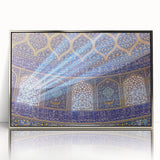 Mid-century modernist art depicting an abstract scenery of Iran in silver and blue tones, framed in acrylic.