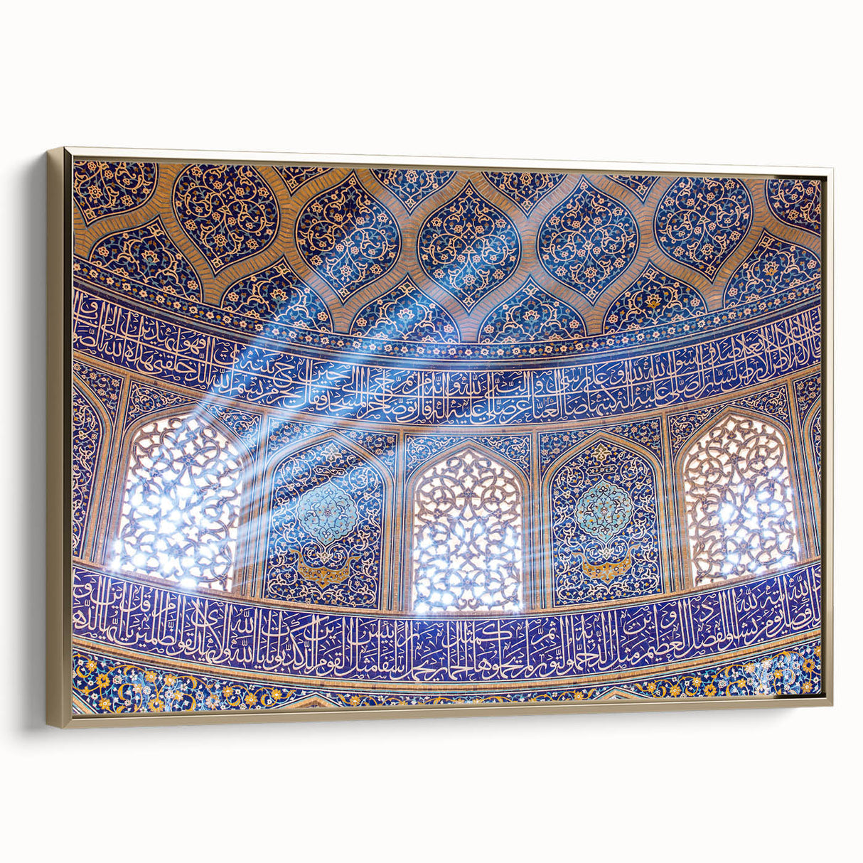 Framed canvas depicting a vintage-style Iranian landscape in muted gold and black tones, suitable for bedroom wall art.