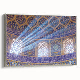 Landscape art painting of a Middle Eastern scenery on a silver-framed canvas, featuring black and colorful elements.