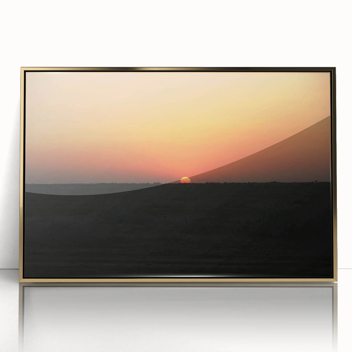 Framed acrylic print of a mid-century modernist Iraqi landscape in muted gold and brown tones.