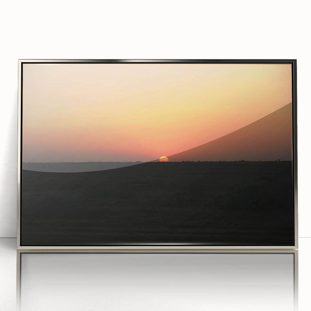 Mid-century modernist art depicting a serene Iraqi landscape in muted earth tones on a framed acrylic print.
