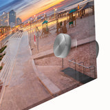 Large abstract wall art of Tel Aviv in muted blue and gray tones on acrylic glass, ideal for dining room ambiance.