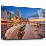 Acrylic print of Tel Aviv skyline in muted blues and greys, ideal for modern dining room decor.