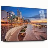 Acrylic print of Tel Aviv skyline in muted earth tones, ideal for bedroom or dining room art.
