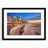Extra large abstract art print of Tel Aviv with vibrant, textured colors on a framed canvas, ideal for living room decor.