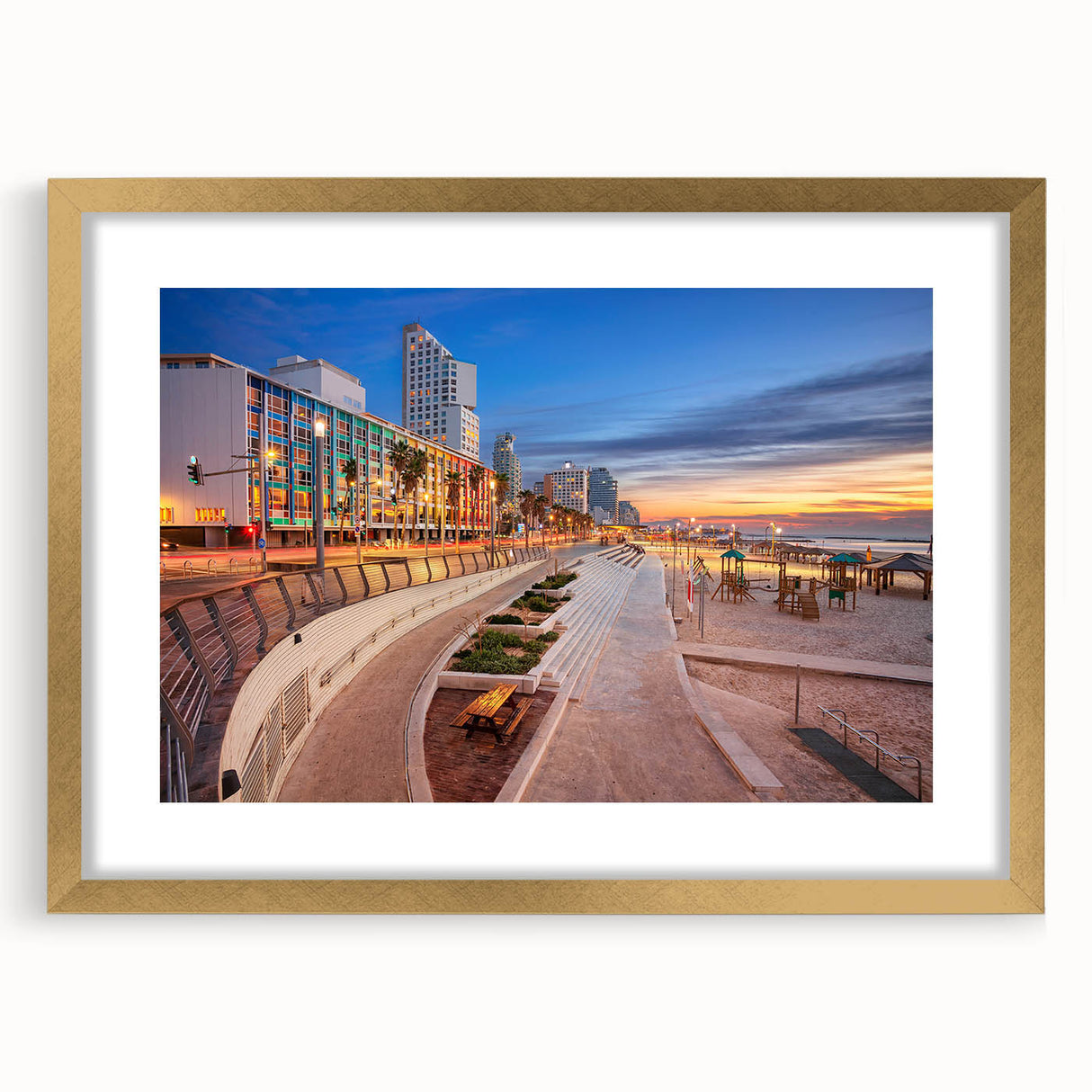 Extra large abstract art print of Tel Aviv skyline in muted gold tones on a textured canvas, ideal for living room decor.