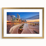 Extra large abstract art print of Tel Aviv skyline in muted gold tones on a textured canvas, ideal for living room decor.