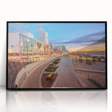 Large abstract wall art of Tel Aviv skyline in muted gray and black, acrylic framed print.