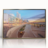 Acrylic print of Tel Aviv skyline in muted gold tones, framed, ideal for modern art wall decor.
