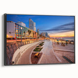 Black and white wall art of Tel Aviv landscape on framed canvas, ideal for bedroom decor.