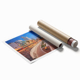Extra large rolled print of Tel Aviv scenery with muted earth tones, ideal for classy bathroom wall art.