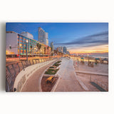 Black and white large art print of Tel Aviv skyline on stretched canvas, ideal for kitchen wall art.