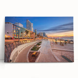 Black and white stretched canvas of Tel Aviv skyline, ideal for kitchen wall art or bedroom ambiance.