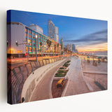 Tel Aviv cityscape on large stretched canvas with muted earth tones, ideal for kitchen wall art.