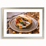 Textured abstract art print depicting a Middle Eastern scenery in muted earth tones, framed in silver, ideal for bedroom art.