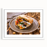 Abstract art print of Middle East scenery in muted earth tones on a white matted frame, ideal for dining room decor.