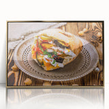 Mid-century modernist large art print of Middle-Eastern scenery in gold tones on framed acrylic.