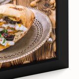 Extra large framed canvas of a textured Middle Eastern scenery in black with colorful accents, ideal for living room decor.