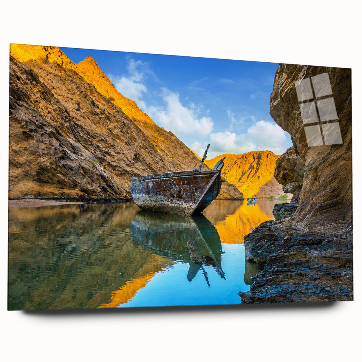Large abstract wall art featuring a Middle Eastern Oman scenery in muted earth tones on acrylic glass.