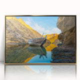 Mid-century modernist acrylic print of an Omani landscape, featuring earthy tones, framed in gold.