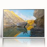 Acrylic print of a Middle Eastern landscape in Oman, with muted earth tones, framed in white.