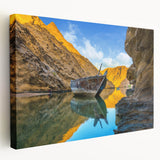 Panoramic view of Middle Eastern desert on stretched canvas, featuring soft beige and brown tones.