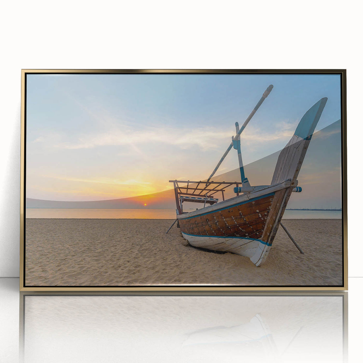 Large acrylic print of a mid-century modernist Qatar scenery in gold tones, suitable for modern art wall decor.