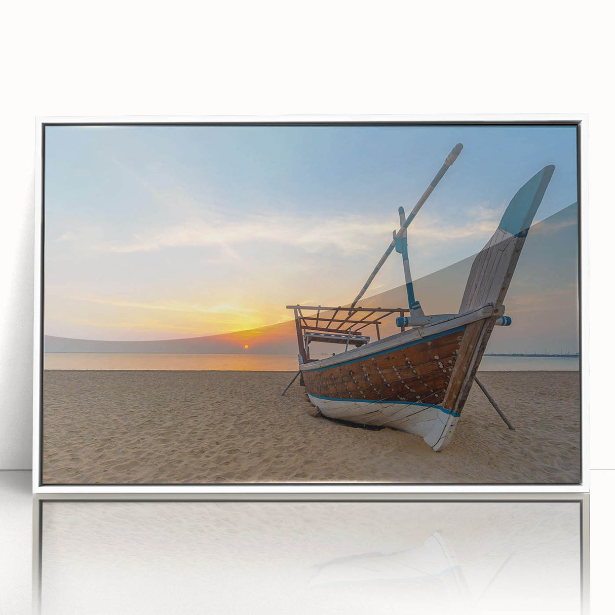 Acrylic print of a Middle Eastern Qatar scenery in subtle white and grey tones, framed, suitable for modern art wall decor.