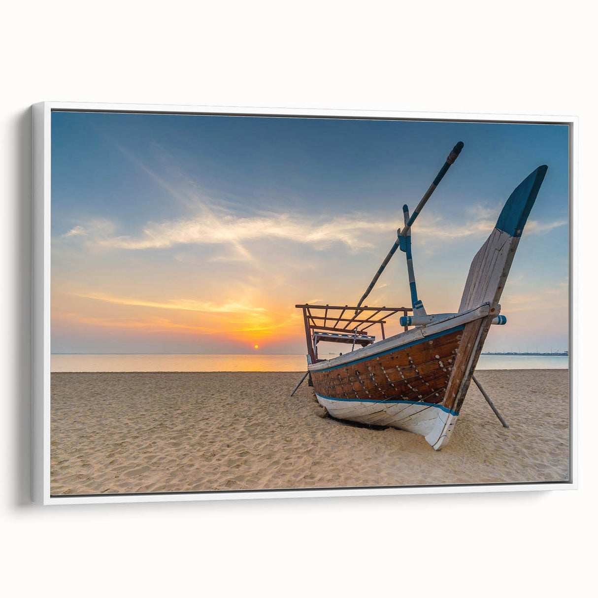 Extra large vintage poster art of a Middle Eastern Qatar scenery, framed canvas in vibrant colors on a black background.