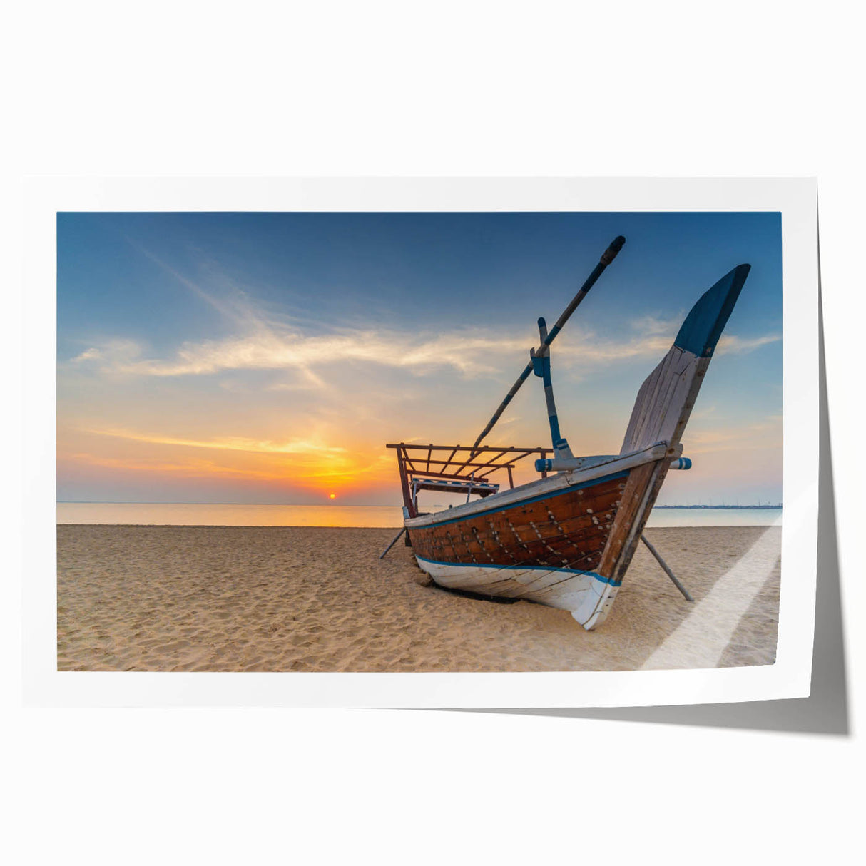 Extra large rolled print depicting a Middle Eastern Qatar scenery in muted earth tones, ideal for art wall dining room.