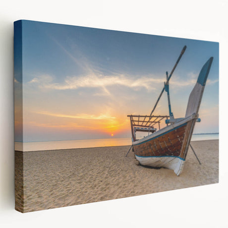 Side view of a stretched canvas depicting a Qatar scenery in muted earth tones, suitable for kitchen wall art.
