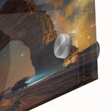 Large abstract wall art depicting a Middle Eastern scenery in vibrant orange and blue tones on acrylic glass.