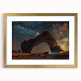 Extra large abstract art print depicting textured scenery of Middle East, in muted gold and beige tones, framed with mat.