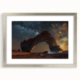 Textured abstract art print depicting a stylized Middle Eastern landscape in earthy tones, framed in silver.