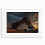 Abstract art print depicting a serene Saudi Arabian landscape in muted earth tones, framed with a white mat.