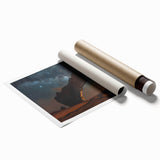 Large rolled print of a Middle Eastern scenery with floral elements in earthy tones, ideal for classy bathroom wall art.