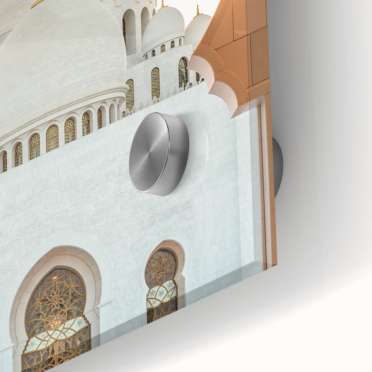 Large abstract wall art of Abu Dhabi scenery in muted earth tones on acrylic glass, suitable for dining room ambiance.